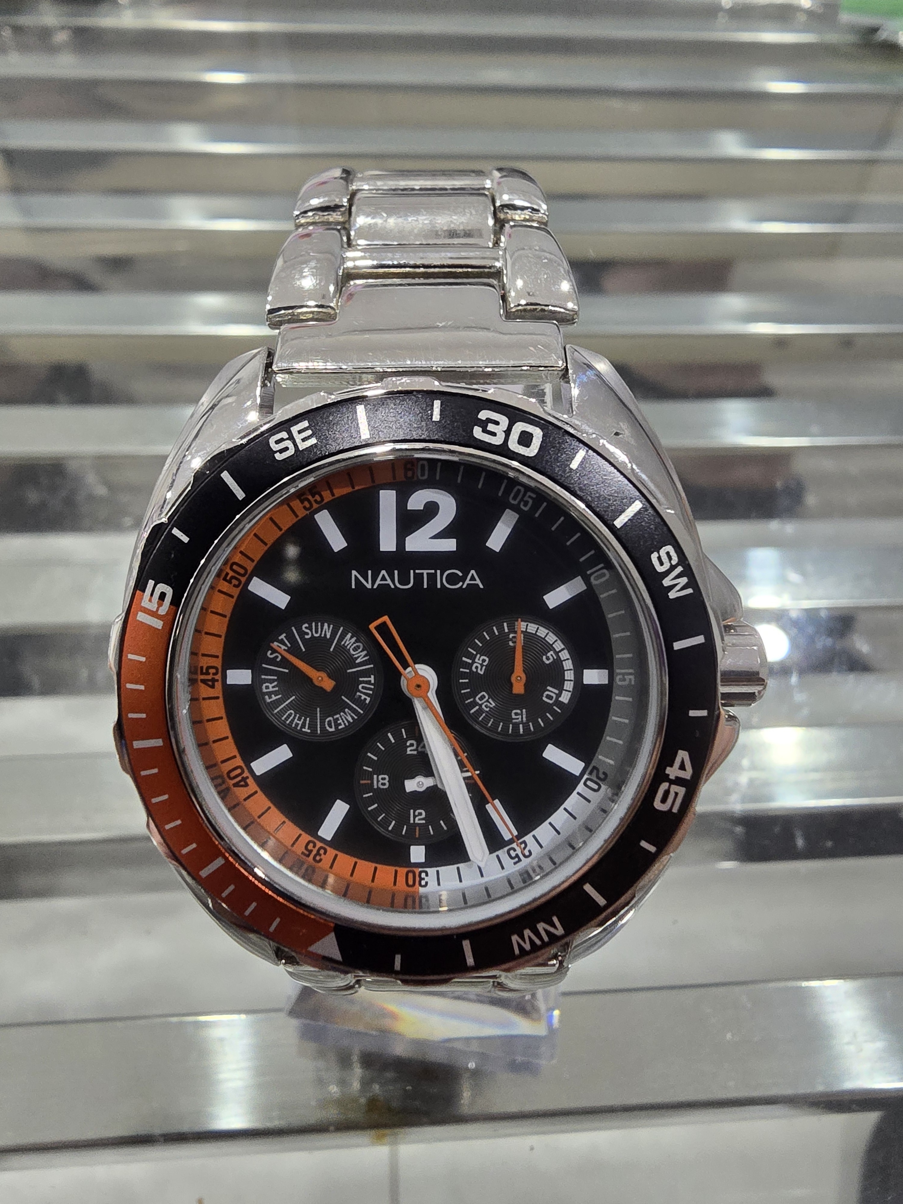 Nautica Black Dial Silver Bracelet Watch With Orange Accents